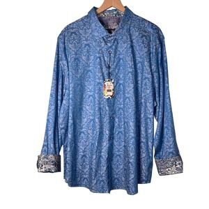 Robert Graham Bayview Mens 3XL Light  Blue Damask Jacquard Button Down Shirt XXL